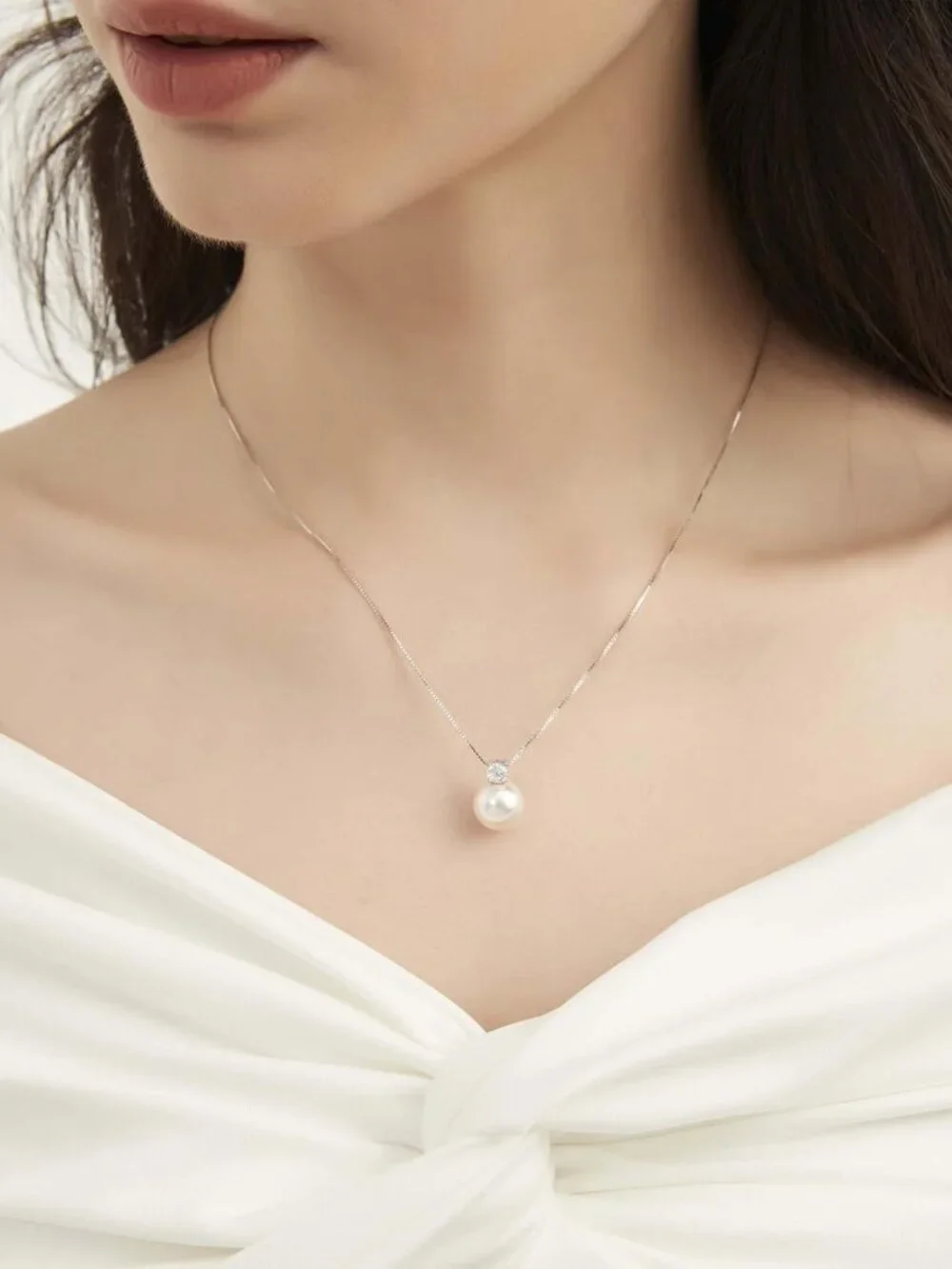 Dainty 925 Sterling Silver Pearl Necklace with CZ Pendant - Perfect for Weddings
